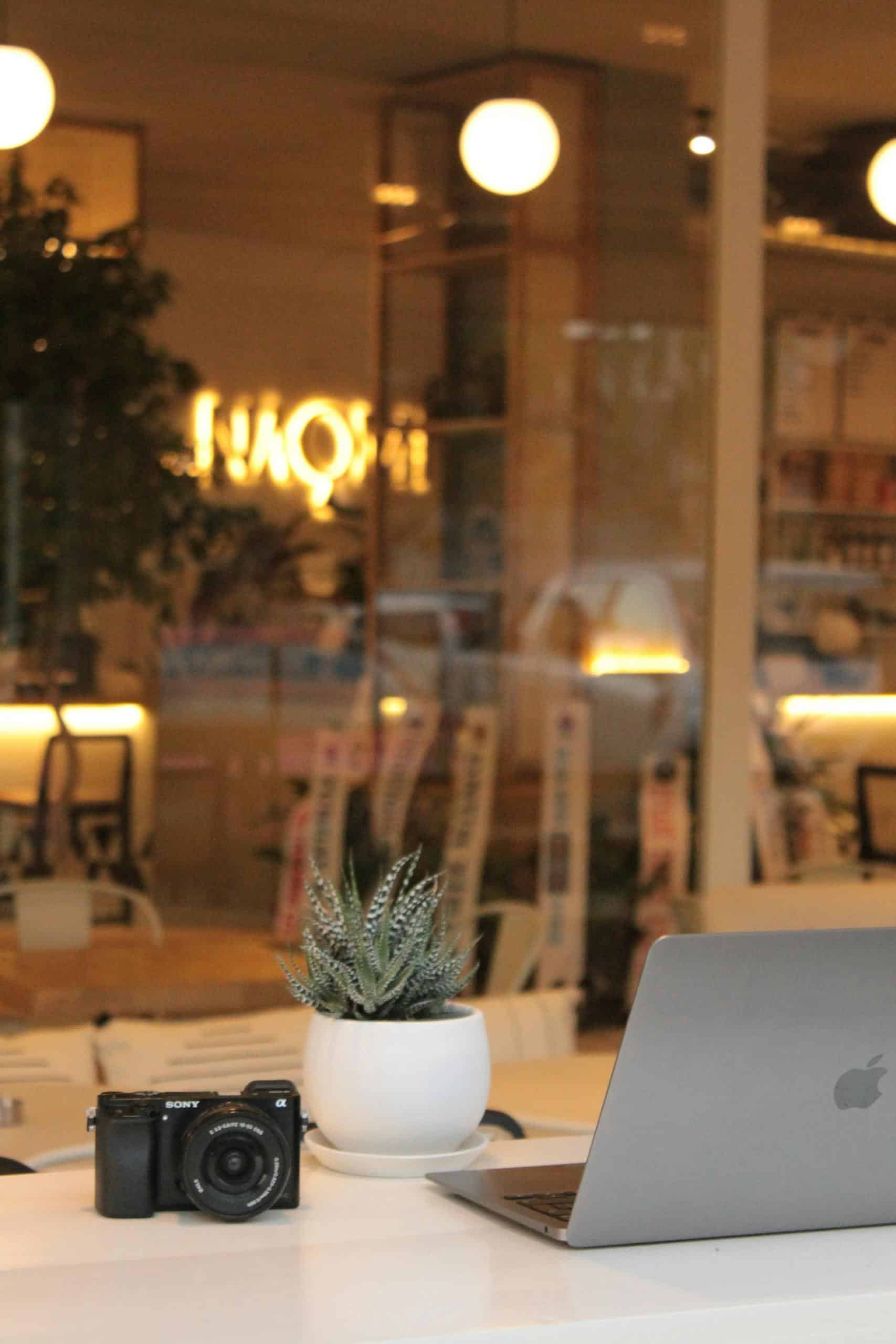 A cozy café workspace featuring a laptop, camera, and plant on a table.